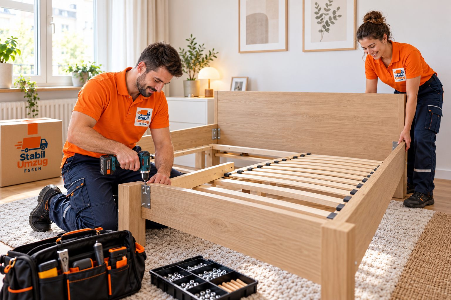 Zwei Monteure von Stabil Umzug bauen ein Bett in der neuen Wohnung auf