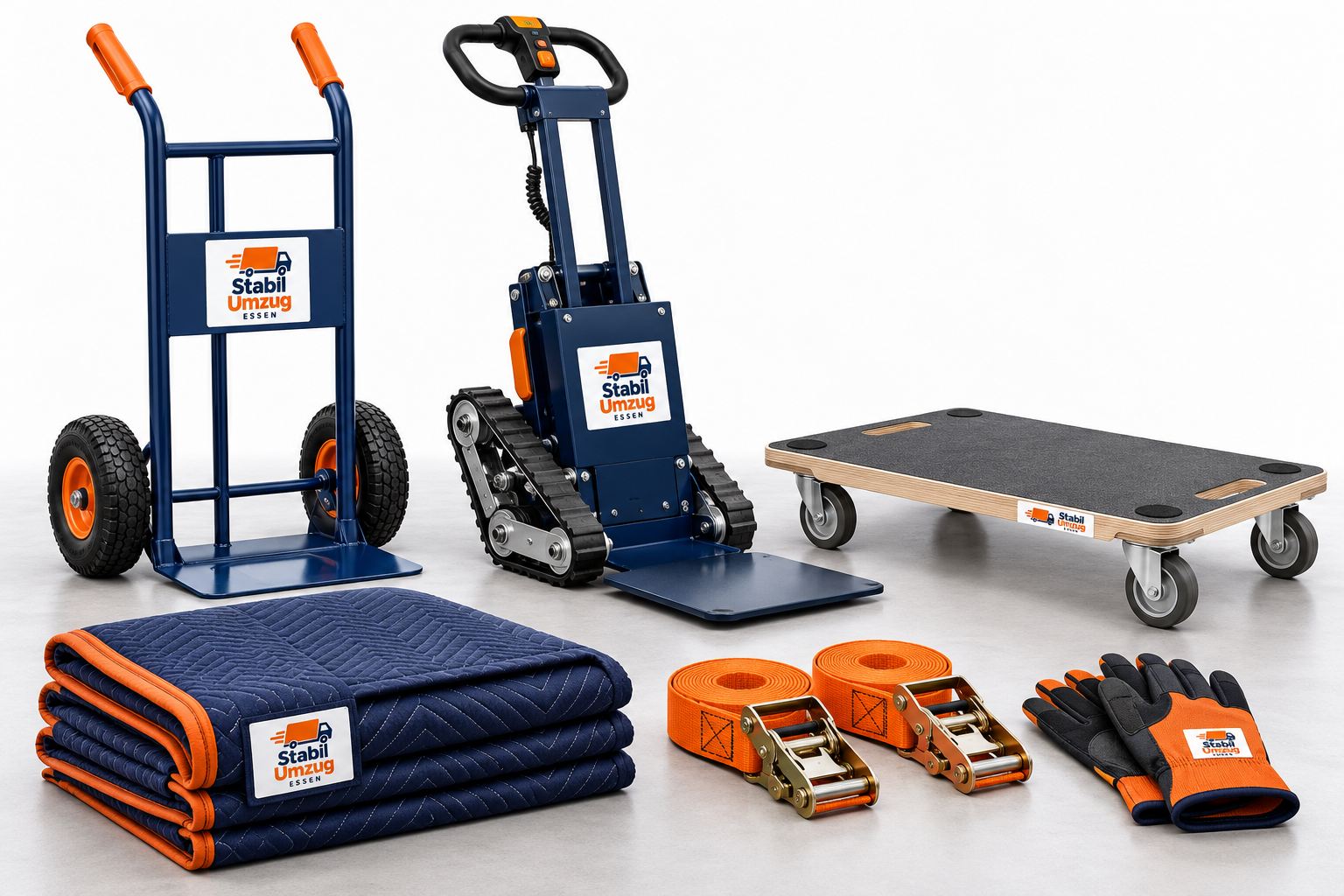 Ausrüstung von Stabil Umzug: Sackkarre, Treppensteiger, Möbelroller, Möbeldecken, Spanngurte und Handschuhe