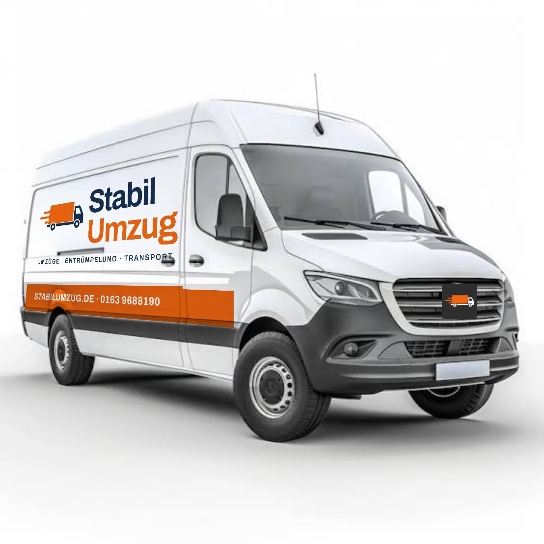 Weißer Transporter mit Stabil-Umzug-Logo in Orange und Navy